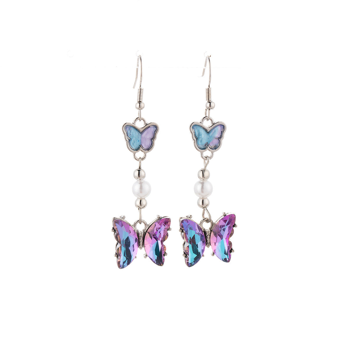 Wholesale Silver Needle Gradient Butterfly Diamond Pearl Earrings